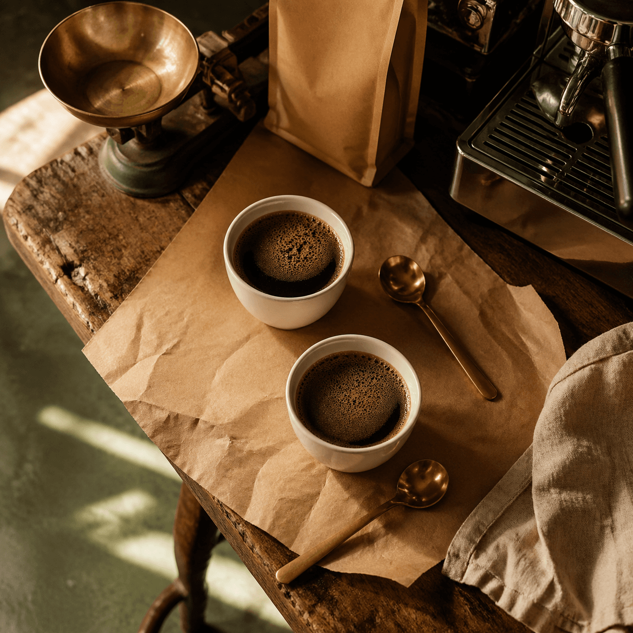 cupping table flat-lay. two cupping bowls, kraft bag, brass spoon.