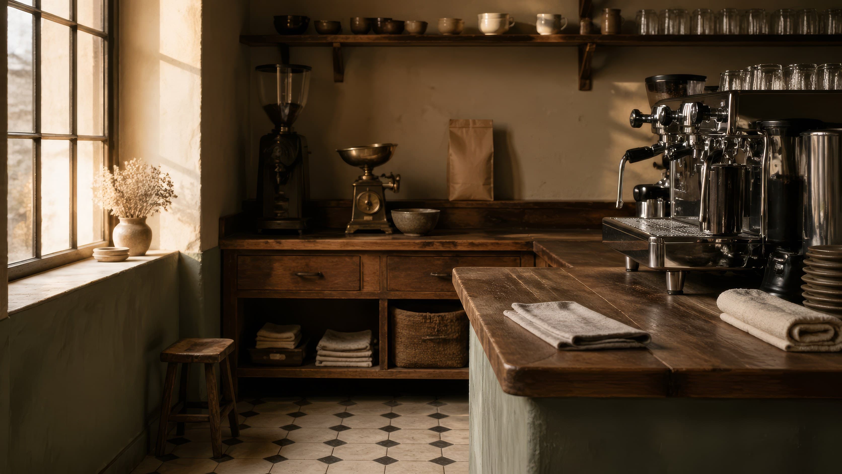 hsl roastery interior. natural daylight, espresso machine, kraft pouches on shelving.
