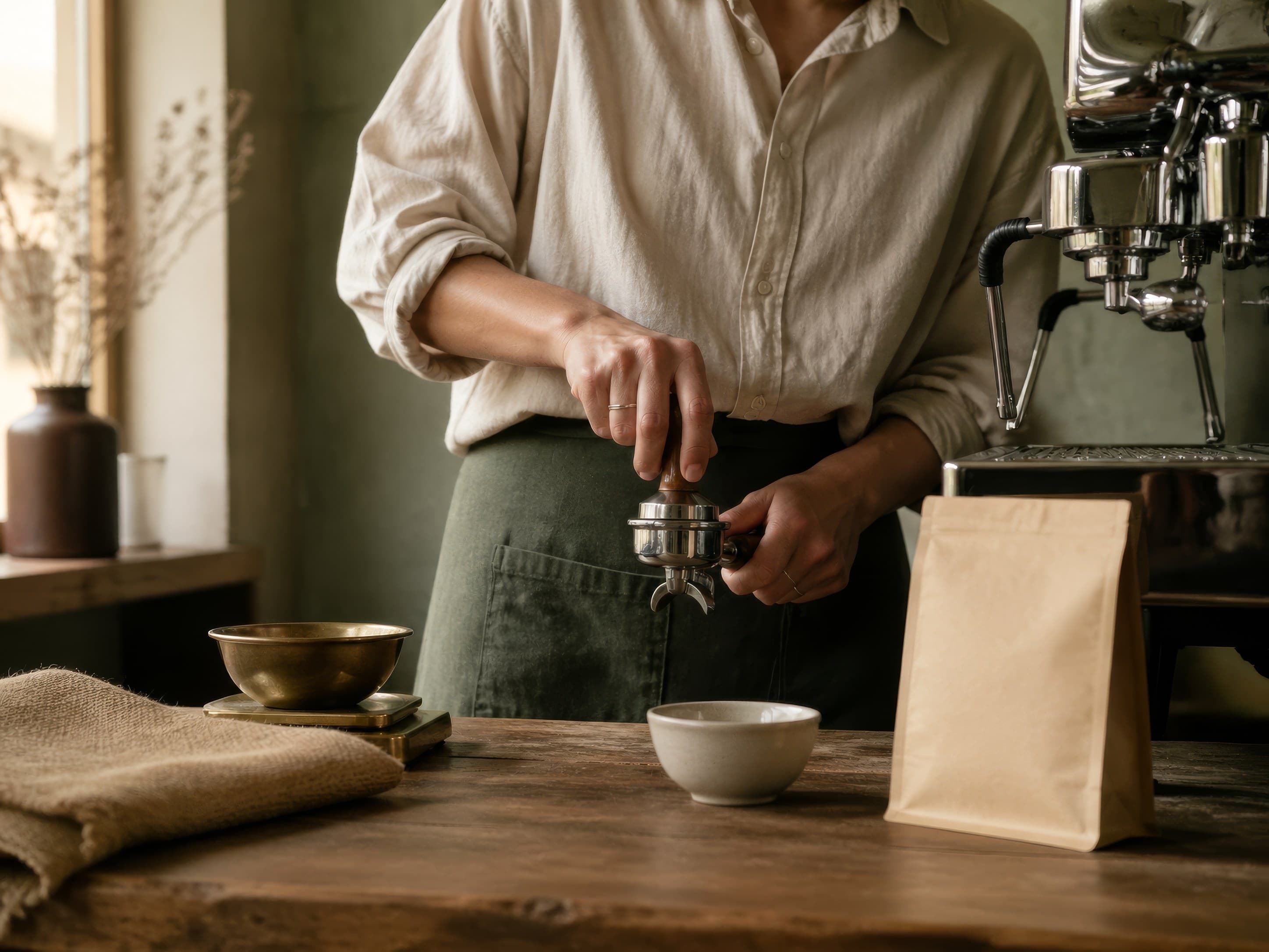 hands at a partner café espresso machine, hsl bag visible on the bar.