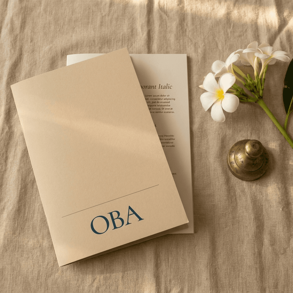menu flat-lay, in-room collateral.