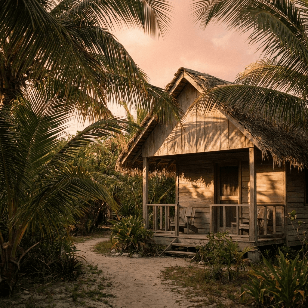 bungalow framed by palms, golden hour.