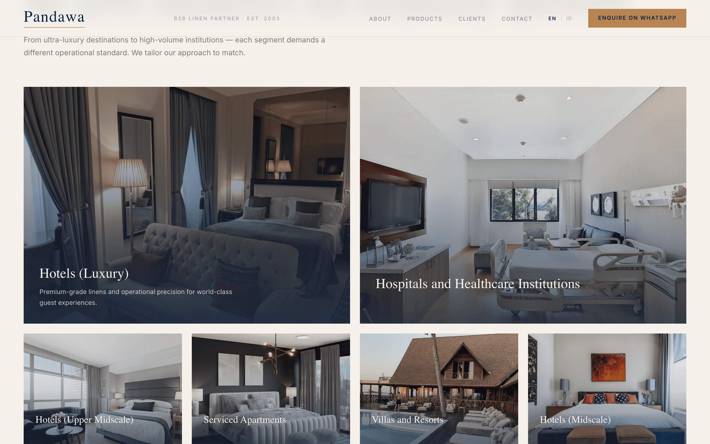 pandawa website — client segments: hotels, hospitals, serviced apartments.