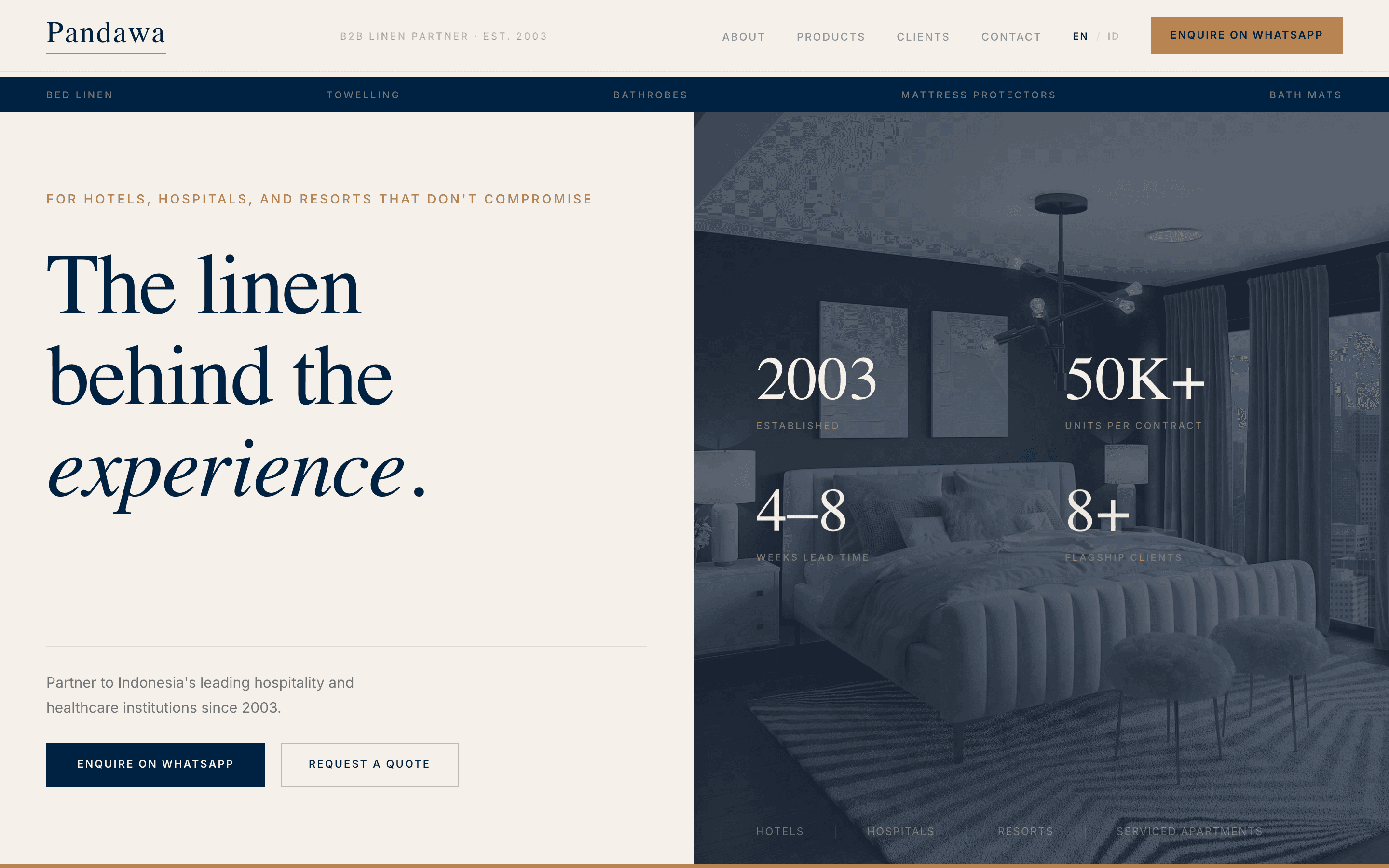 pandawa website — hero: "the linen behind the experience." with stats panel.