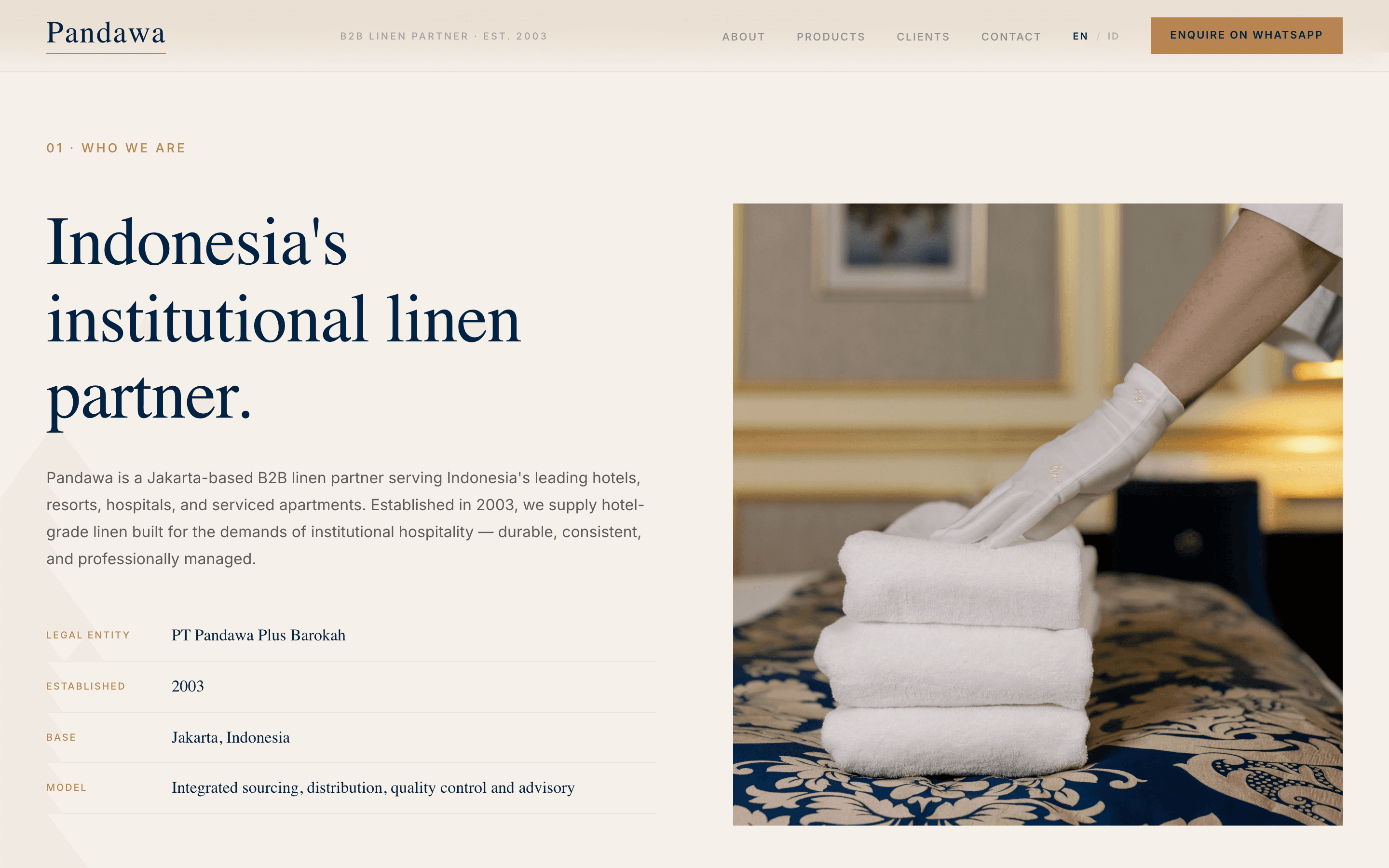 pandawa website — who we are: indonesia's institutional linen partner.