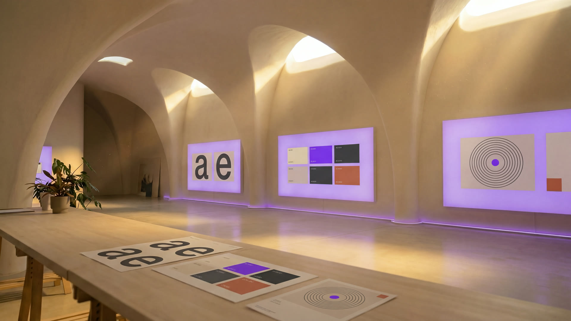 The figment workshop's gallery wing, three violet-backlit displays presenting abstract identity specimens above a trestle table of review prints