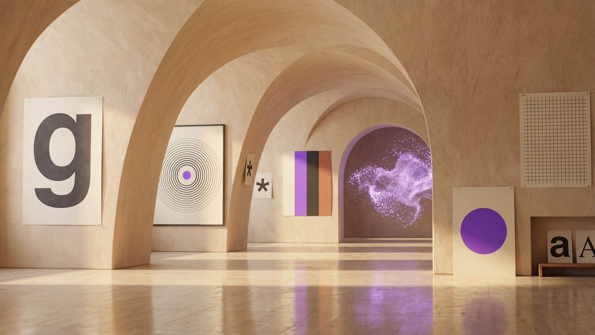 figment workshop, multi-arch sandstone gallery populated with abstract identity specimens, violet phenomenon contained in a back arch